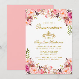 Convite Quinceanera Coroa Cor-de-Rosa Esbranquiçada Dourad