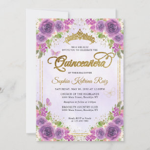 Convite Quinceañera, Coroa Dourada Roxa Floral