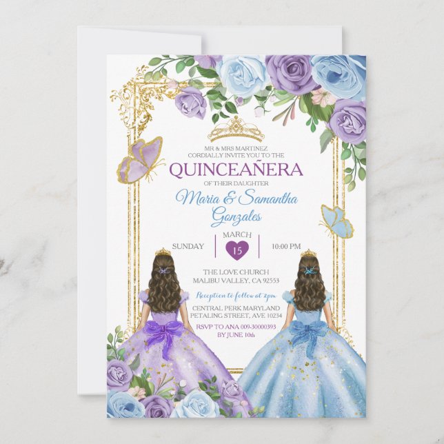 Convite Quinceañera, Coroa Floral Azul E Roxo Dourado (Frente)