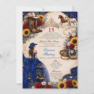 Convite Quinceañera Cowgirl Azul Real 