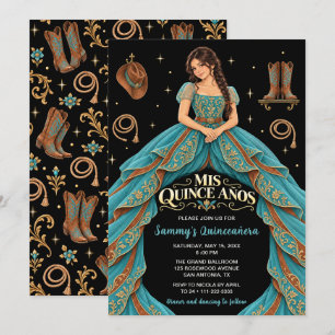 Convite Quinceañera Cowgirl Ocidental Turquesa Dourado