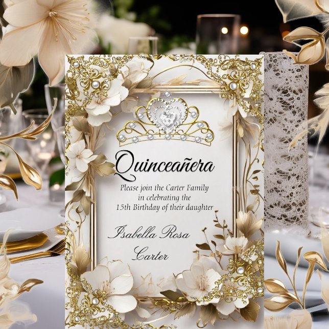 Convite Quinceanera Cream Floral Dourado Partido Tiara (Criador carregado)