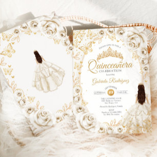 Convite Quinceanera Creme Dourado Floral