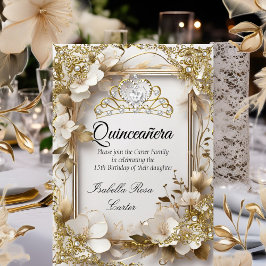 Convite Quinceanera Creme Floral Ouro Tiara Branca Festa