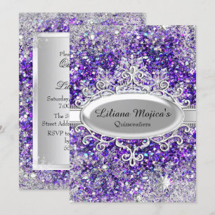 Convite Quinceanera Cristal Brilho Roxo Floco de Neve