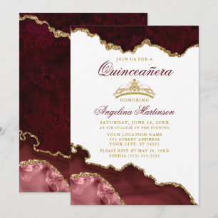 Convite Quinceanera Crown Burgundy Dourado Marble