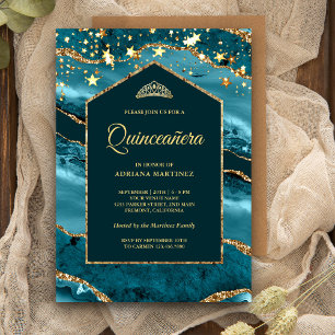 Convite Quinceanera da Arca Marble do Agato Dourado Teal