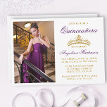 Convite Quinceanera da Dourada Coroa Roxa Moderna Elegante<br><div class="desc">Convite Elegante Moderno para Quinceanera com Coroa Dourada e Foto - Roxo</div>