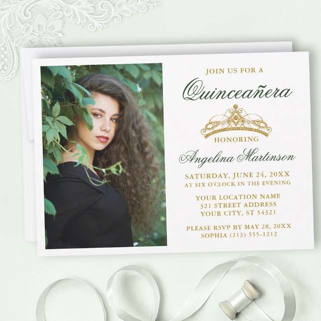 Convite Quinceanera da Dourada Coroa Verde Elegante modern (Customize to change text size, style, color or to add text or more photos to back of card.)