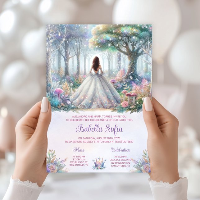 Convite Quinceañera da Floresta Encantada Pastel (Enchanted forest invitation with beautiful back view. All text can be changed as needed.)