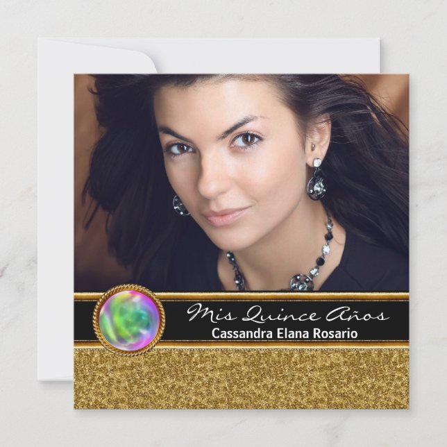 Convite Quinceanera da Foto Dourada Preta Personalizada (Frente)