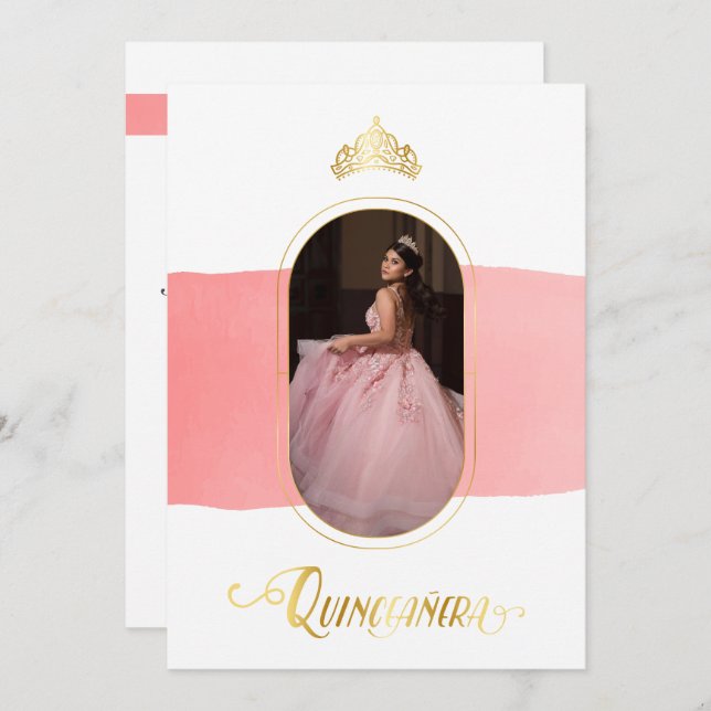 Convite Quinceanera da Foto Rosa Dourada e Rosa (Frente/Verso)