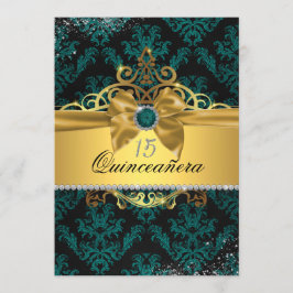 Convite Quinceanera Damasco Elegante Dourado Turqu
