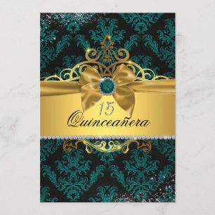 Convite Quinceanera Damasco Elegante Dourado Turqu