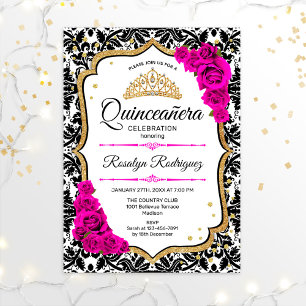 Convite Quinceanera - Damasco Rosa Dourado