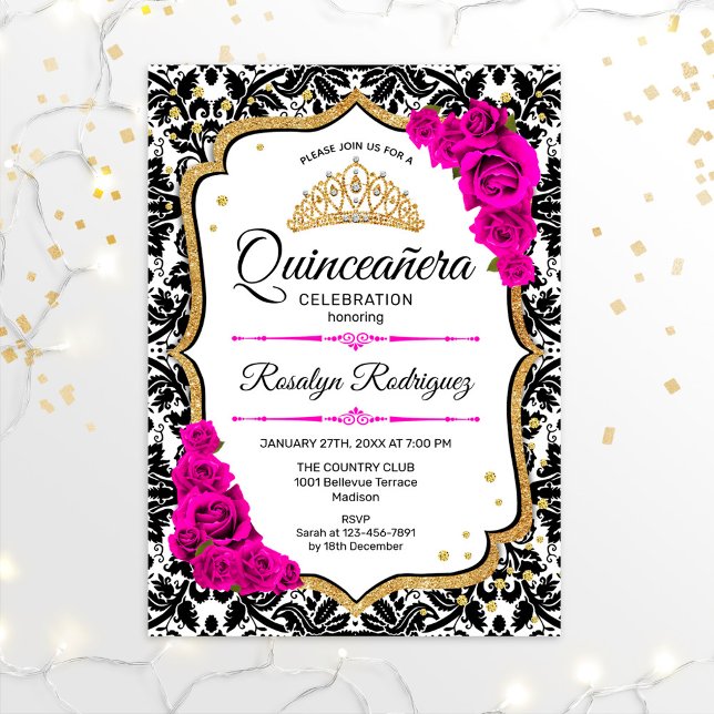 Convite Quinceanera - Damasco Rosa Dourado (Criador carregado)
