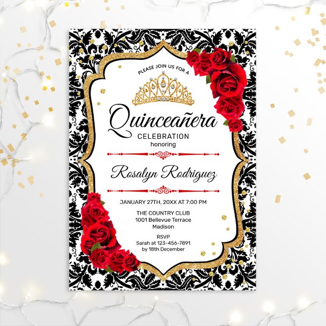 Convite Quinceanera - Damasco Vermelho Dourado (Criador carregado)