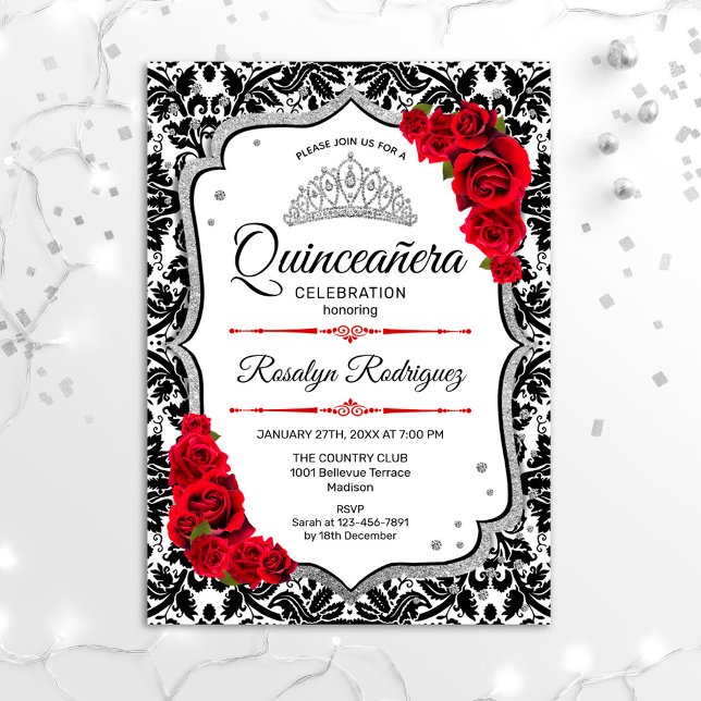Convite Quinceanera - Damask Red Silver (Criador carregado)