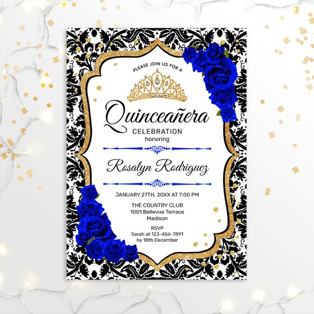 Convite Quinceanera - Damask Royal Blue Dourado (Criador carregado)