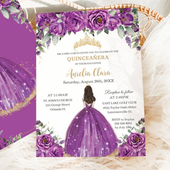 Convite Quinceañera Dark Magenta Princesa Floral Purple (Criador carregado)