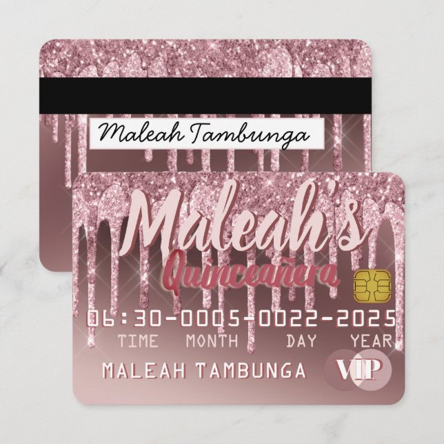 Convite Quinceañera Dark Rosa Dourado e Colírio Rosa (Frente/Verso)