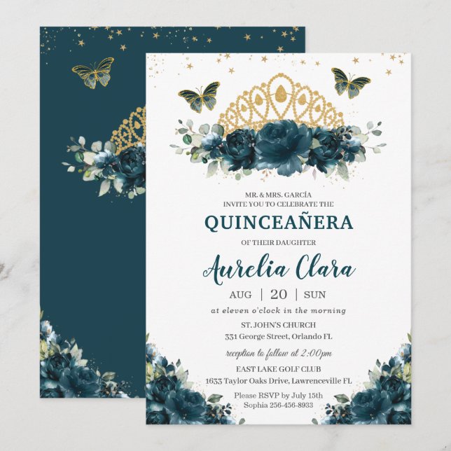 Convite Quinceañera Dark Teal Borboletas Florais Coroa (Frente/Verso)