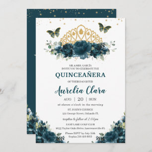 Convite Quinceañera Dark Teal Borboletas Florais Coroa
