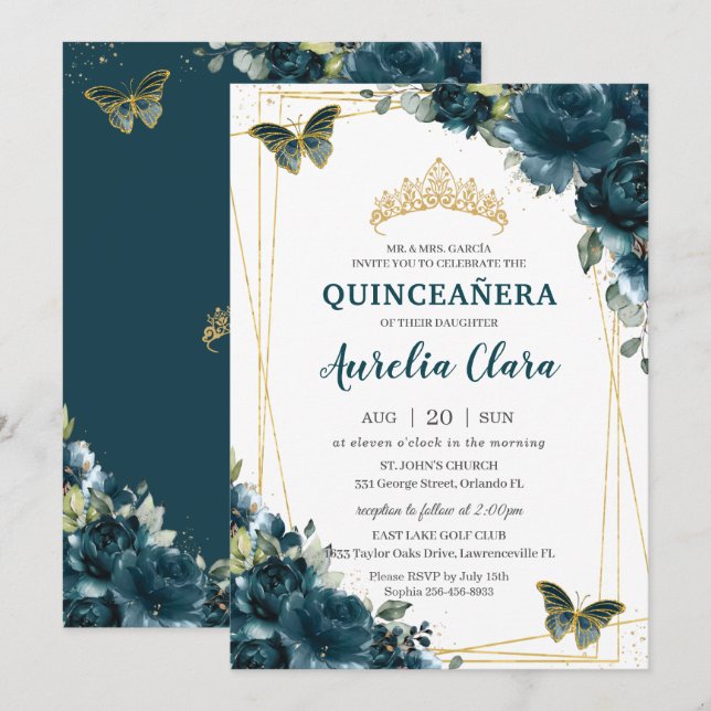 Convite Quinceañera Dark Teal Peacock Borboletas (Frente/Verso)