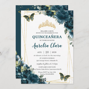 Convite Quinceañera Dark Teal Peacock Borboletas