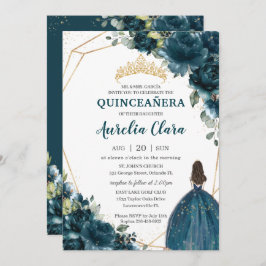 Convite Quinceañera Dark Teal Peacock Princesa Floral