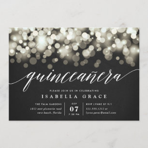 Convite Quinceanera das luzes Douradas e pretas elegantes