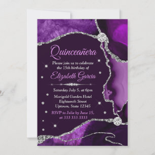 Convite Quinceanera de Ágata Brilhante Roxo e Prata