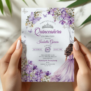 Convite Quinceañera de Borboletas Florais Roxo Prata