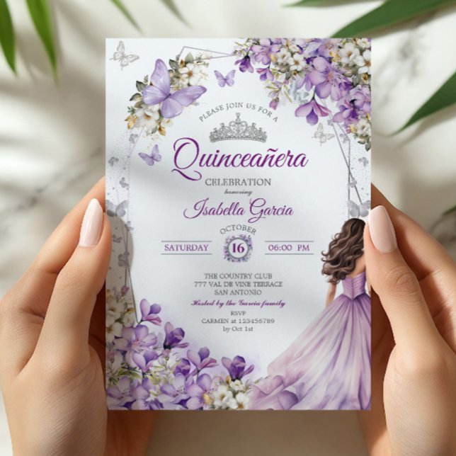 Convite Quinceañera de Borboletas Florais Roxo Prata (Criador carregado)