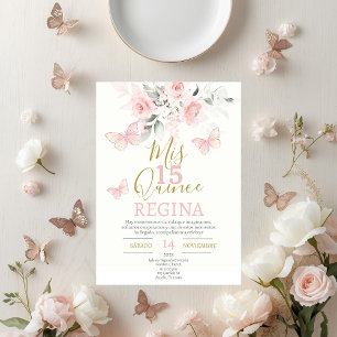 Convite Quinceañera de Borboletas Rosa