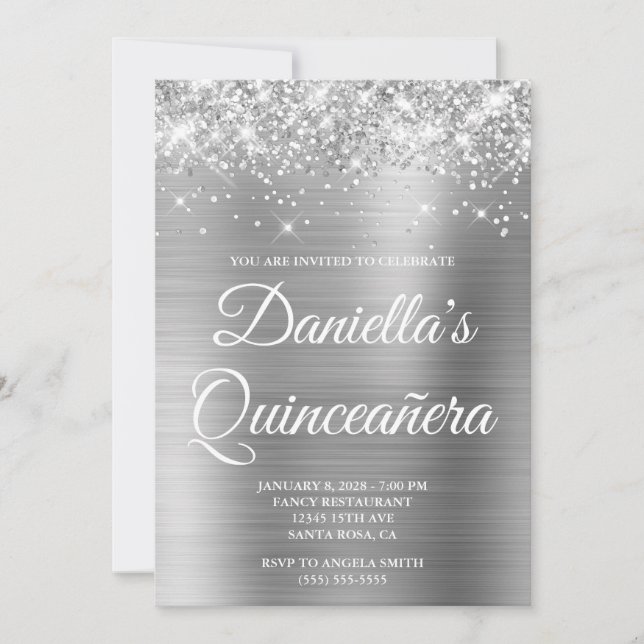 Convite Quinceañera de Brilho Espelhado Prateado (Frente)