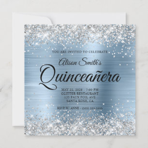 Convite Quinceanera de cor azul-clara de prata