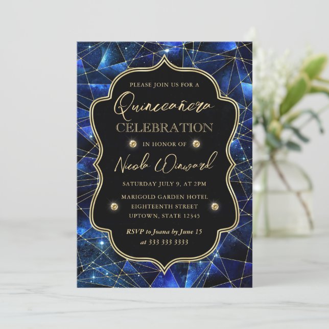 Convite Quinceanera de cristal de meia-noite azul e Dourad (Em pé/Frente)