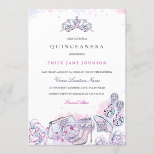 Convite Quinceanera de cristal elegante azul cor-de-rosa