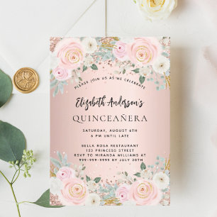 Convite Quinceanera de flores brancas em rosa ouro