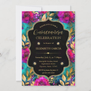 Convite Quinceanera de Flores Rosa e Verde Água em Aquarel