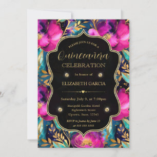 Convite Quinceanera de Flores Roxas e Turquesa em Aquarela