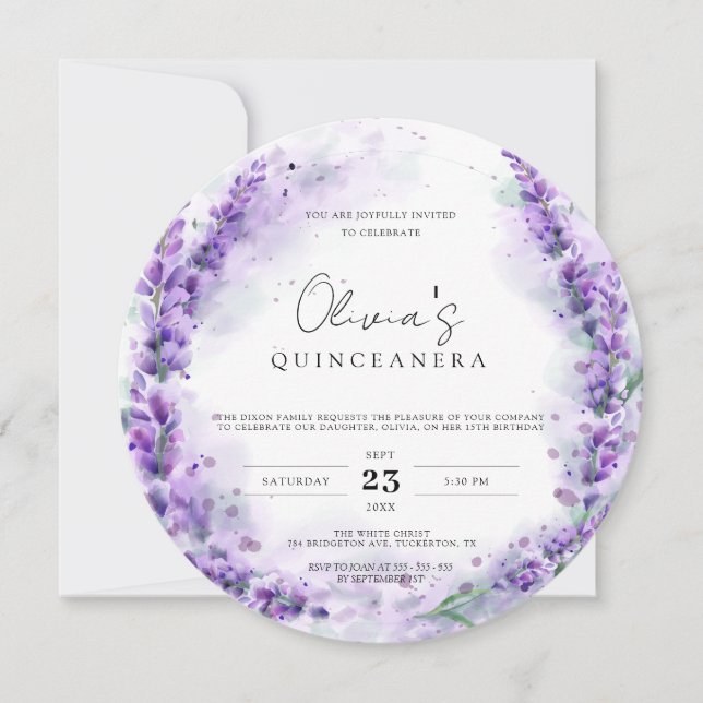 Convite Quinceanera de Foto Moderna com Aquarela Lavanda C (Frente)