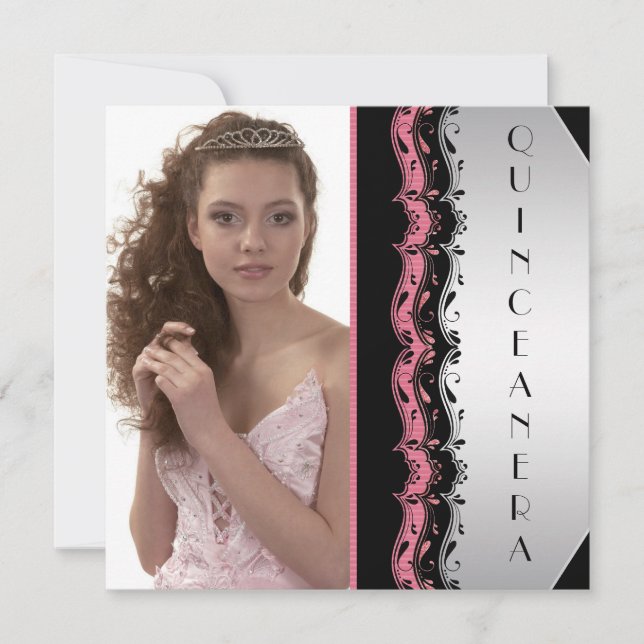 Convite Quinceanera de Foto Preta Rosa (Frente)