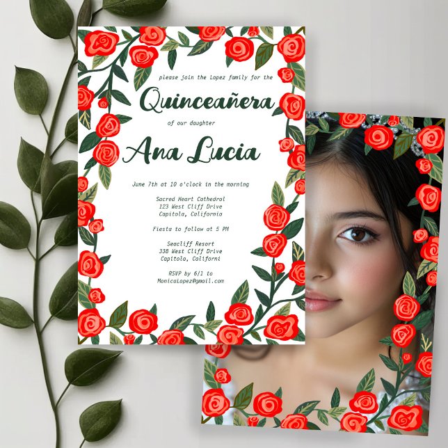 Convite Quinceañera de Fotografias PERSONALIZADAS do Rosa  (Red Roses CUSTOM Photo Quinceañera Invitation
)