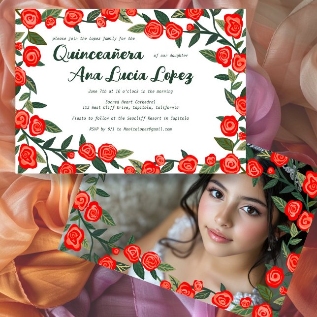 Convite Quinceañera de Fotografias PERSONALIZADAS do Rosa  (Red Roses CUSTOM Photo Quinceañera Invitation
)