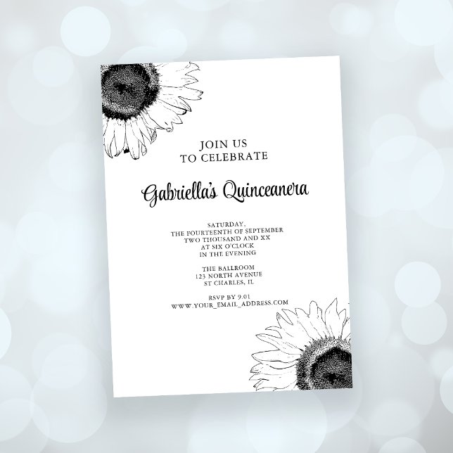 Convite Quinceanera de girassol preto e branco (Criador carregado)