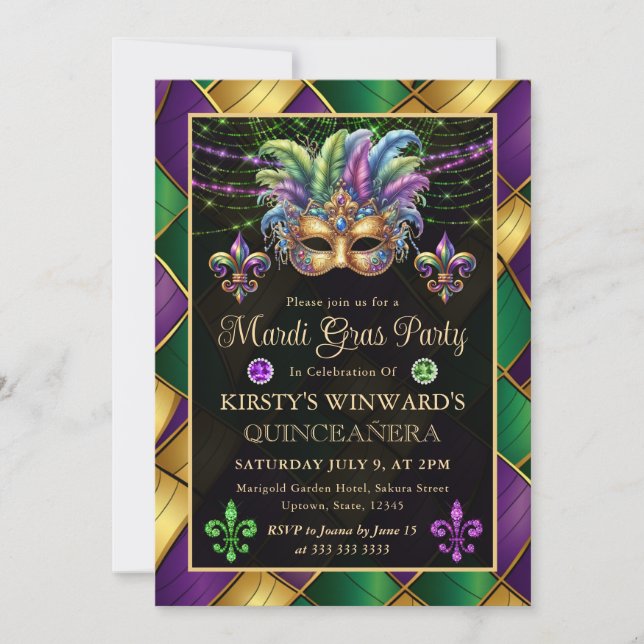 Convite Quinceanera de Mardi Gras Mascarada (Frente)