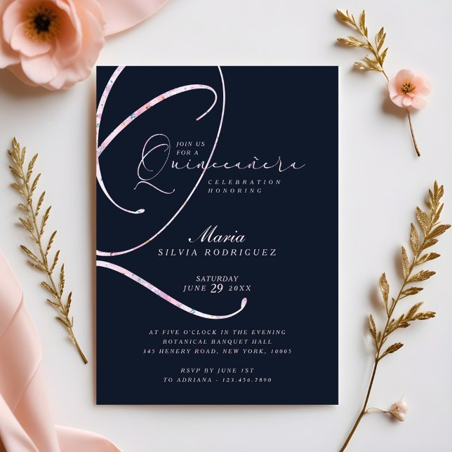 Convite Quinceañera de Marinho Mínimo Elegante e Script Ro (Elegant Minimal Navy & Pink Script Quinceañera Invitation)