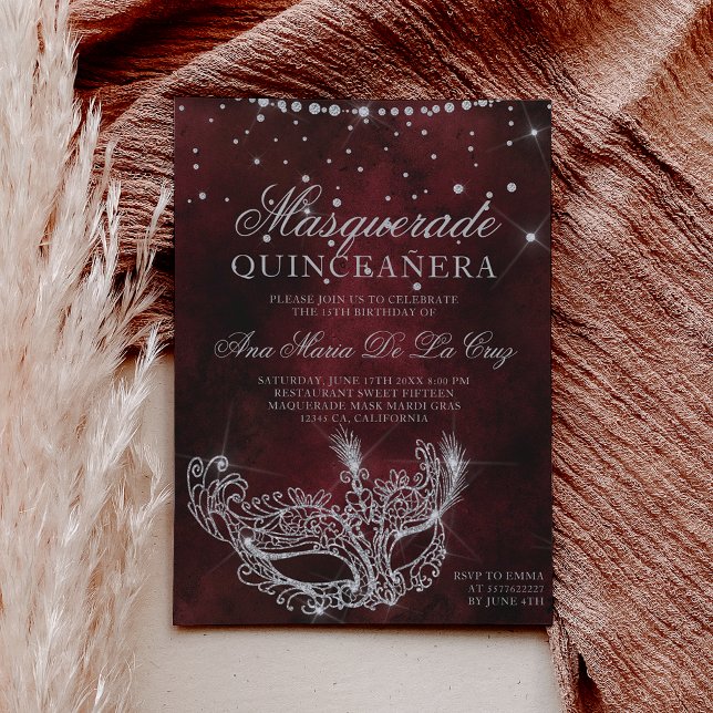 Convite quinceanera de mascarada (Masquerade mask red silver glitter quinceanera invitation)